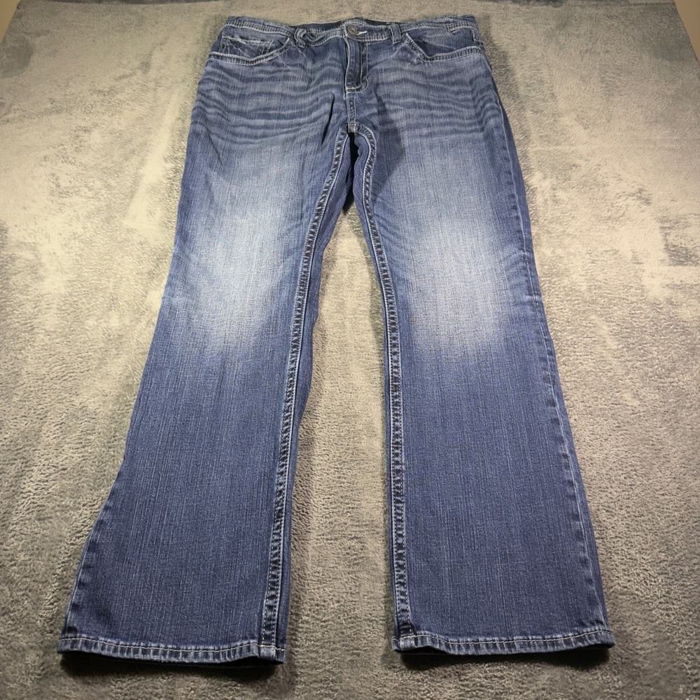 BKE Derek Mens Medium Wash Bootcut Jeans 36x32 Embroidered Pockets Blue Denim